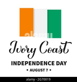 Costa d'Avorio Independence Day calligrafia con bandiera. Festa nazionale festeggia il 7 agosto. Modello vettoriale per banner, poster tipografico, f Illustrazione Vettoriale