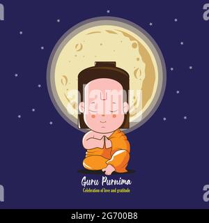 Illustrazione di Guru Purnima con piccolo personaggio Guru. Il pianeta è sullo sfondo. Le scritte calligrafiche celebrano l'amore e la gratitudine Illustrazione Vettoriale