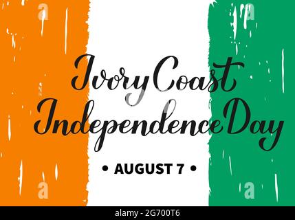 Costa d'Avorio Independence Day calligrafia con bandiera a pennellata. Festa nazionale festeggia il 7 agosto. Modello vettoriale per il post tipografico Illustrazione Vettoriale