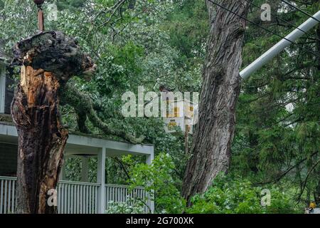 Milford, Stati Uniti. 09 luglio 2021. Un lavoratore rimuove un albero che è caduto su una casa a Milford dopo una forte tempesta causata dalla tempesta tropicale Elsa ha colpito la zona. Danni da tempesta tropicale Elsa colpire gli stati medio-atlantici Giovedi notte e Venerdì mattina. (Foto di Preston Ehrler/SOPA Images/Sipa USA) Credit: Sipa USA/Alamy Live News Foto Stock