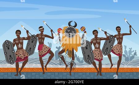 Gli africani ballano su ornamento tradizionale di modello etnico in Africa illustrazione vettoriale. Cartoon guerriero aborigeno e shaman ballerini tribali personaggi danze etniche native sfondo Illustrazione Vettoriale