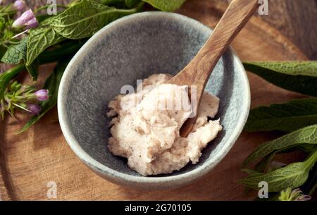 Una ciotola di unguento di radice comfrey con pianta di symphytum officinale fresca in fiore - rimedio alternativo per ossa e ammaccature Foto Stock