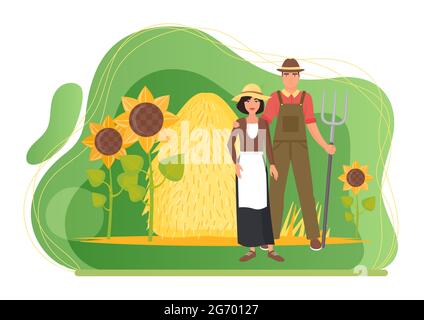 Contadini gente e villaggio agricolo paesaggio con fieno e girasoli illustrazione vettoriale. I personaggi della coppia di fumetti che si levano insieme, l'uomo che tiene la forchetta, la donna che si aggira isolata su bianco Illustrazione Vettoriale