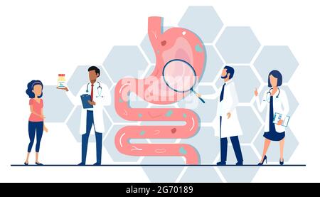 Vettore di un team medico medici che esamina il tratto gastrointestinale e l'apparato digerente dando consigli a un paziente Illustrazione Vettoriale