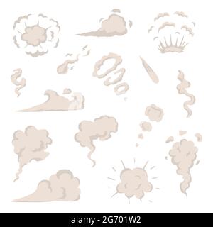 Modello effetti speciali per il set di fumo vettoriale. Fumetti nuvole di vapore, puff, nebbia, nebbia, vapore acqueo o esplosione di polvere. Illustrazione Vettoriale