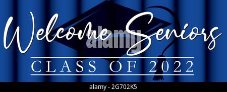 Classe Seniors di benvenuto di 2022 Banner sfondo blu con tappo graduazione Illustrazione Vettoriale