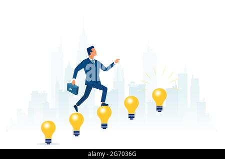Vettore di un uomo d'affari che sale su scala lampadina al successo. Illustrazione Vettoriale