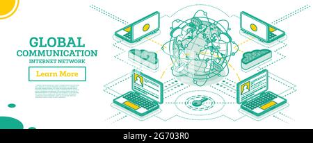 Rete di comunicazione globale isometrica con il pianeta Terra. Illustrazione vettoriale. Delineare il concetto con Globe, notebook e linee collegate. Rete. Illustrazione Vettoriale