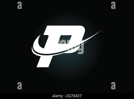 Lettera iniziale P con logo Swoosh, bianco e nero. Logotipo vettoriale moderno per l'identità aziendale e aziendale. Illustrazione Vettoriale
