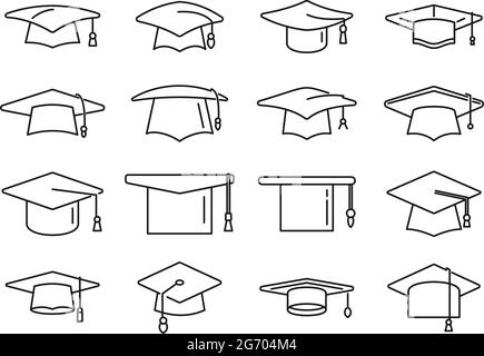 Academy graduation Hat icone impostare vettore profilo. Celebrazione scolastica Illustrazione Vettoriale