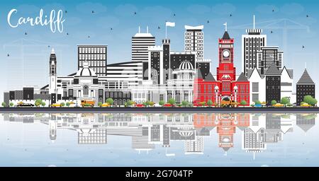 Skyline di Cardiff Wales City con edifici a colori, cielo blu e riflessi. Illustrazione vettoriale. Cardiff Regno Unito con monumenti storici. Viaggi d'affari. Illustrazione Vettoriale