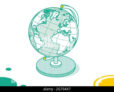 Modello di globo terrestre isometrico isolato su sfondo bianco. Illustrazione vettoriale. Contorno oggetto geografico con terre, oceani e mari. Illustrazione Vettoriale