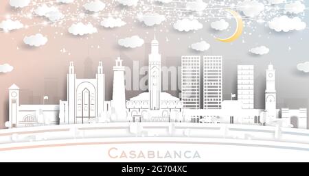Casablanca Marocco City Skyline in stile Paper Cut con edifici bianchi, Luna e Neon Garland. Illustrazione vettoriale. Concetto di viaggio e turismo. Illustrazione Vettoriale