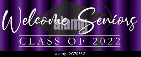 Classe di benvenuto senior di 2022 Banner sfondo viola con tappo graduato Illustrazione Vettoriale