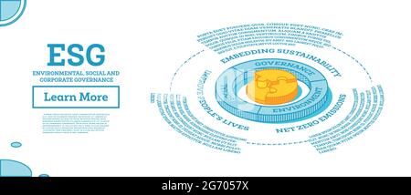 ESG concetto di ambiente, sociale e Governance. Illustrazione vettoriale. Sviluppo sostenibile. Concetto di contorno isometrico. Colore blu. Illustrazione Vettoriale