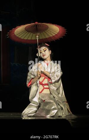 Bella geisha in kimono nero con fiori di colore rosso nei capelli azienda  tradizionale katana isolato su nero Foto stock - Alamy