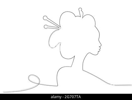 Silhouette di giovane ragazza giapponese un'antica acconciatura. Design in stile artistico Black Line. Geisha, maiko, principessa. Disegno di schizzo di una donna asiatica tradizionale. Illustrazione Vettoriale