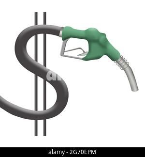 Un ugello su una pompa di benzina è su un tubo flessibile a forma di dollaro segno in questa illustrazione 3-d circa i prezzi della benzina. Foto Stock