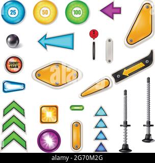 Flipper machine play field set realistico con pistone sfera in acciaio frecce incandescenti bumper bumper obiettivi illustrazione vettoriale Illustrazione Vettoriale