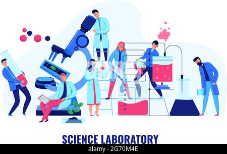 Scienziati che fanno esperimenti biologici e chimici in laboratorio di scienza piatta illustrazione vettoriale Illustrazione Vettoriale