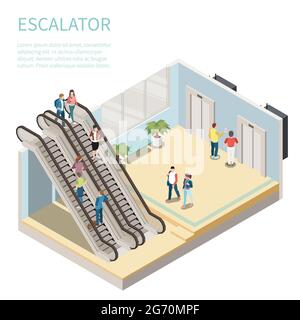 Composizione isometrica con persone che utilizzano la scala mobile e in attesa di illustrazione vettoriale 3d dell'ascensore Illustrazione Vettoriale