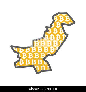 Mappa del paese pakistano con il logo della moneta criptovaluta bitcoin Illustrazione Vettoriale