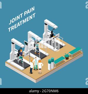 Trattamento del dolore articolare composizione isometrica con medici e pazienti sottoposti a riabilitazione a moderne attrezzature di fisioterapia illustrazione vettoriale Illustrazione Vettoriale