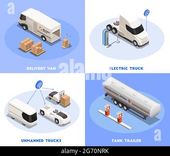 Trasporto concetto di progettazione isometrica 2x2 con furgone di consegna e trasporto del carico illustrazione vettoriale isolata 3d Illustrazione Vettoriale