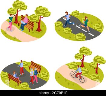 La gente della città attività all'aperto 2 icone isometriche rotondo concetto con passeggiate in bicicletta jogging in illustrazione vettoriale del parco Illustrazione Vettoriale