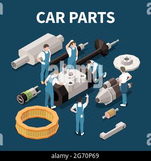 Concetto di ricambi per auto con simboli di assistenza e riparazione illustrazione vettoriale isometrica Illustrazione Vettoriale