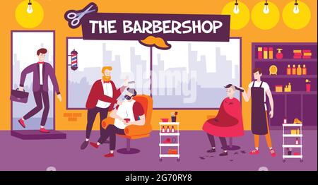 Barbershop illustrazione orizzontale del parrucchiere per gli uomini taglio e rasatura piatta vettore illustrazione Illustrazione Vettoriale