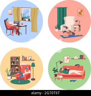Le persone con icone di concetto gatti impostano un'illustrazione vettoriale isolata piatta Illustrazione Vettoriale