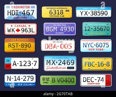 Set di numeri di auto realistici con immagini colorate isolate delle targhe per auto con illustrazione vettoriale del testo modificabile Illustrazione Vettoriale
