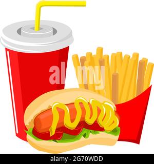 Hot dog di maiale con patatine fritte e bevanda alla cola Illustrazione Vettoriale