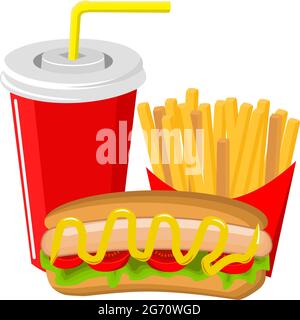 Hot dog di pollo con patatine fritte e bevanda alla cola Illustrazione Vettoriale