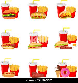 Illustrazione vettoriale del fast food, cibo spazzatura colorato, set di illustrazioni delle icone del cibo di strada Illustrazione Vettoriale