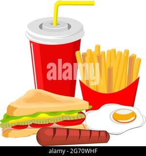 Menu fast food, sandwich di manzo, patatine fritte e bevanda alla cola, salsicce e uova extra Illustrazione Vettoriale