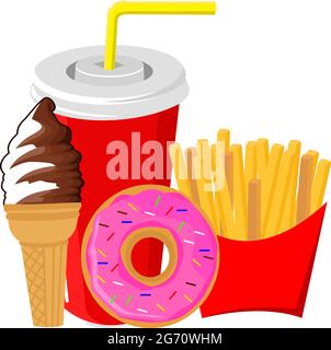 Menu fast food, gelato regolare con patatine fritte, ciambelle e bevanda alla cola Illustrazione Vettoriale