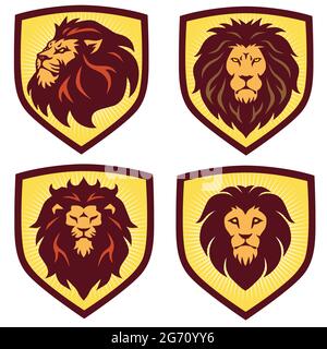 Design, modello, illustrazione vettoriale del set di shield con logo Lion Illustrazione Vettoriale