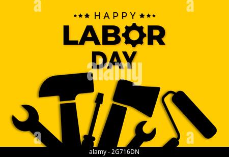 Banner Happy Labor Day. Illustrazione vettoriale isolata su sfondo giallo Illustrazione Vettoriale