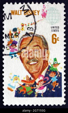 USA - CIRCA 1968: Un francobollo stampato negli Stati Uniti mostra Walt Disney, Cartoonist, Film Producer, Creatore di Topolino, circa 1968 Foto Stock