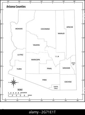 mappa vettoriale amministrativa e politica dello stato dell'arizona in bianco e nero Illustrazione Vettoriale