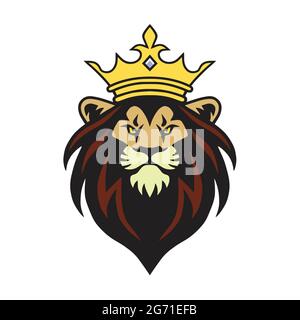 Mascotte del re del leone con disegno del marchio della corona Illustrazione del vettore Illustrazione Vettoriale