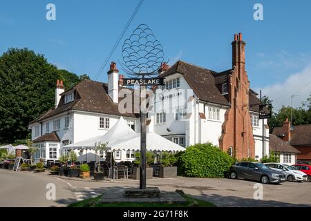 Peaslake, grazioso villaggio nel Surrey Hills AONB, Inghilterra, Regno Unito. Cartello Village e l'Hurtwood Inn. Foto Stock