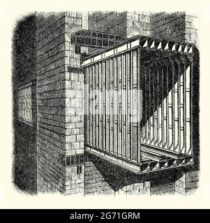 Una vecchia incisione di che mostra una sezione trasversale del ‘tubo’ del Ponte ferroviario Britannia intorno al 1850. E' tratto da un libro vittoriano del 1890 sulle scoperte e le invenzioni del 1800. Il Ponte Britannia (Pont Britannia) è un ponte che attraversa lo stretto di Menai tra l'isola di Anglesey e la terraferma del Galles. È stato progettato e costruito dall'ingegnere ferroviario Robert Stephenson come un ponte tubolare di tubi in ferro battuto rivettato a sezione rettangolare. I tubi sono stati manovrati tra giugno 1849 e febbraio 1850. Il ponte è stato aperto al traffico ferroviario nel marzo 1850. Foto Stock