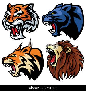 Set Capi Animali Selvatici. Lion, Tiger, Jaguar, Lynx - Vector Mascot Logo Design Illustrazione Vettoriale