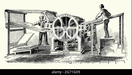 Una vecchia incisione che mostra una pressa da stampa girevole di tipo Hoe della metà del 1800 – questa versione è a due cilindri. E 'da un libro del 1890 su scoperte e invenzioni vittoriane durante il 1800. Richard Hoe (New York, 1812 – 1886) è stato un . È meglio noto per l'invenzione negli anni 1840 di una pressa rotativa (rotativa) per stampa, dove il tipo e le illustrazioni sono stati posti su un cilindro che poteva stampare molto più velocemente rispetto alle presse per stampa a letto piatto più vecchie. Nel 1870 Hoe ha sviluppato una pressa rotativa che ha stampato entrambi i lati di una pagina in un'unica operazione. Foto Stock