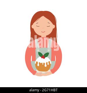 Ragazza con una torta di natale. Illustrazione vettoriale. Illustrazione Vettoriale