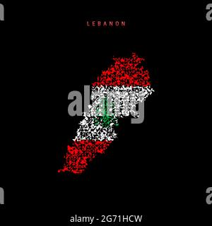 Mappa della bandiera libanese, schema di particelle caotiche nei colori della bandiera libanese. Illustrazione vettoriale isolata su sfondo nero. Illustrazione Vettoriale