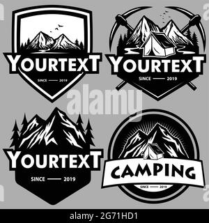 Set logo per Mountain Adventure , Camping, Ice Climbing Expedition. Logo ed etichette vettoriali vintage, icone modello disegno Illustrazione Bianco e nero Illustrazione Vettoriale